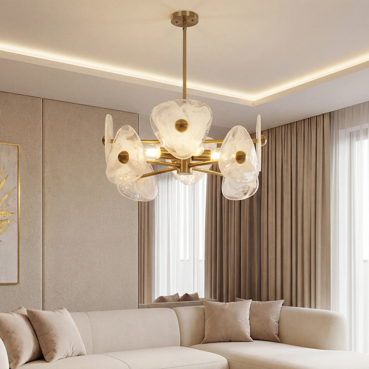 Gold chandelier with shell-look shades in a living room