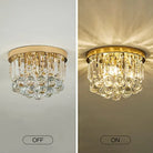 Small gold flush mount ceiling light with tiers of crystal drops in a hallway