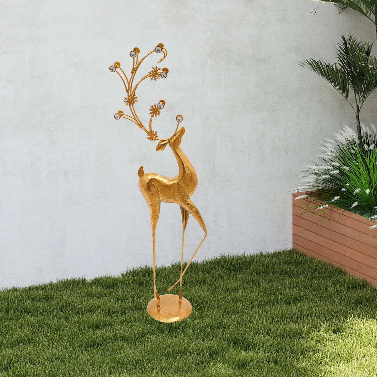 Gold metal deer sculpture with faux-crystal antlers (on a lawn)