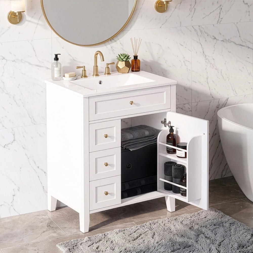 White vanity with the door open to show storage