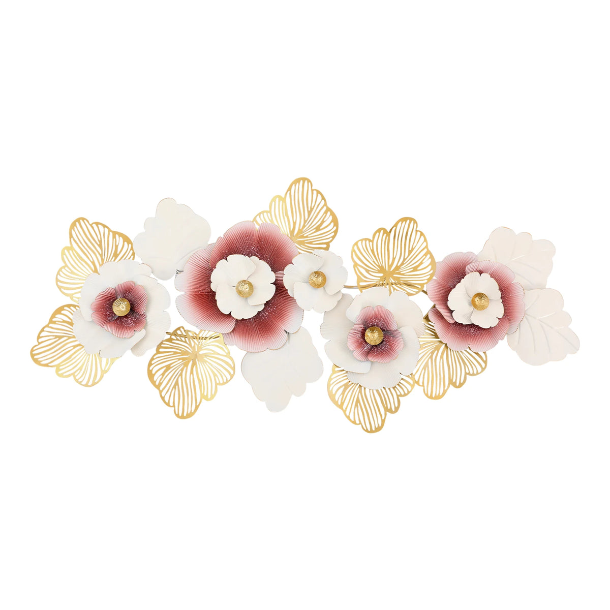 Large metal wall sculpture with blush pink flowers and gold ginkgo-style leaves, front view