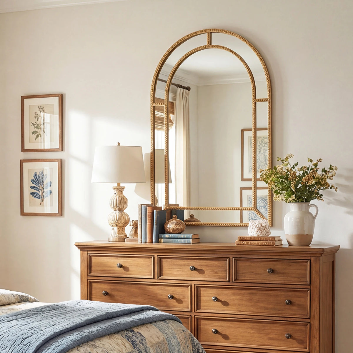 Gold beaded arched wall mirror above a bedroom dresser