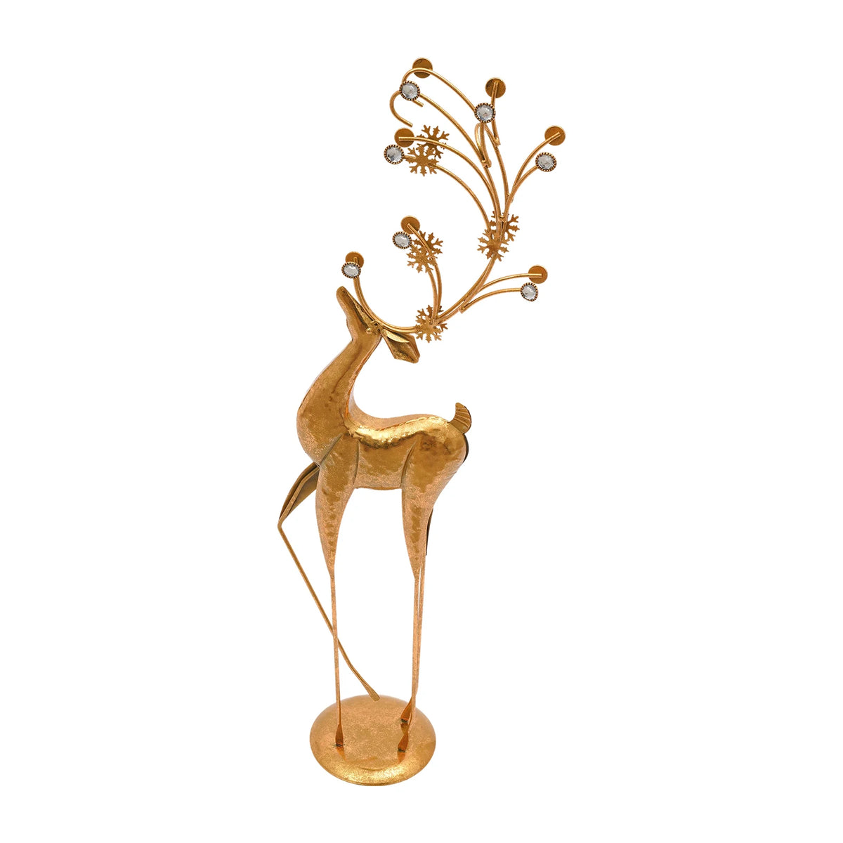 Gold metal deer sculpture with faux-crystal antlers