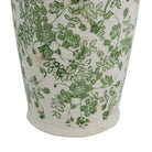 Close-up of the green floral pattern on white ceramic