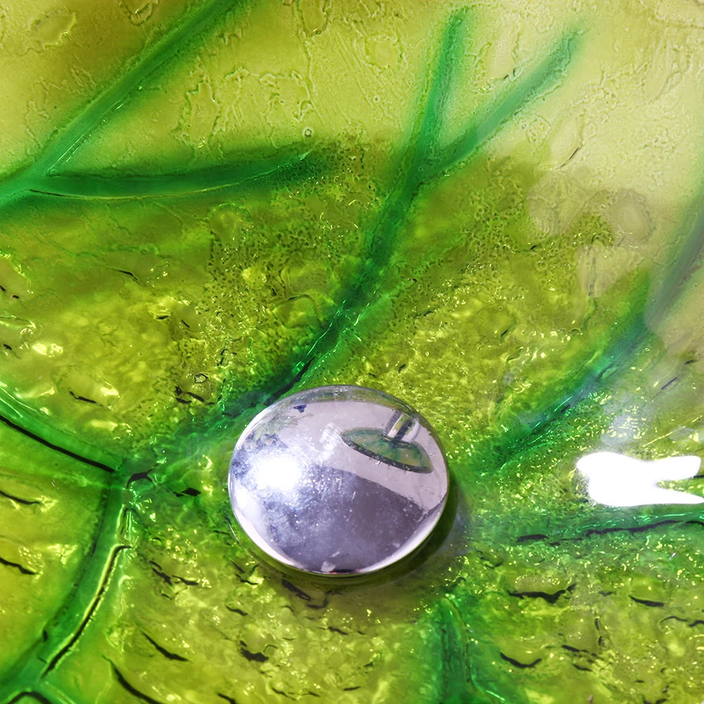 Green Leaf Tempered Glass Vessel Sink Set, leaf veining and drain close-up