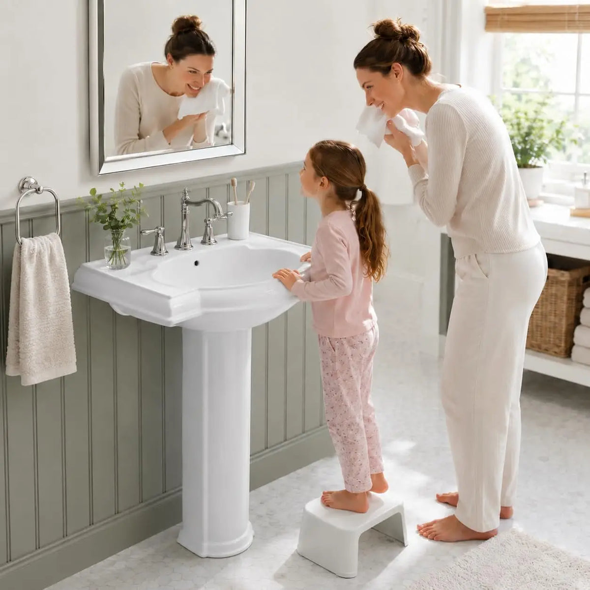 White pedestal sink with a step stool in a family bathroom