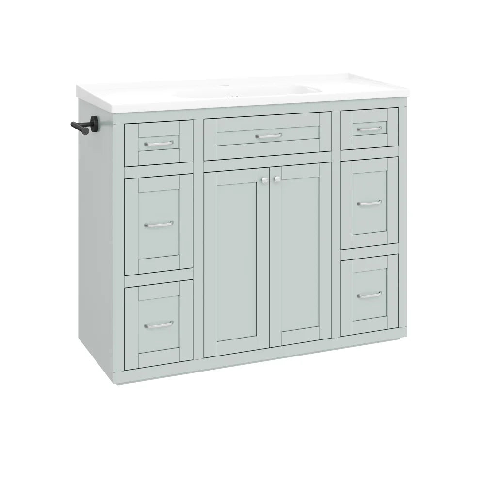 Mint green bathroom vanity, side view