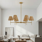 Woven-shade gold chandelier in a bright great room