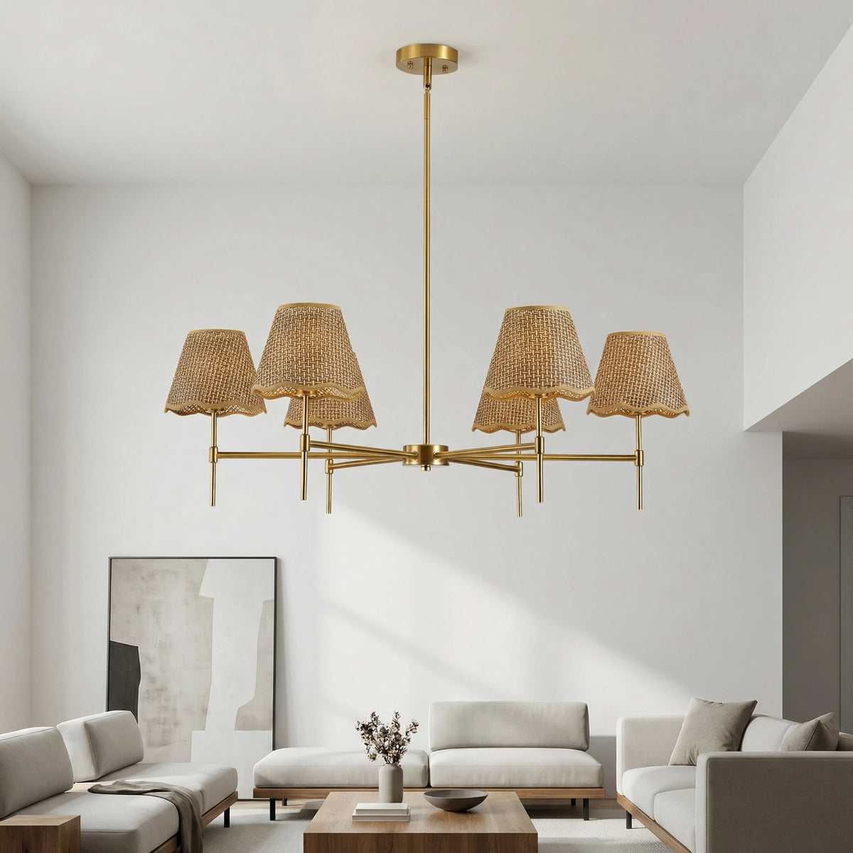 Woven-shade gold chandelier in a bright great room