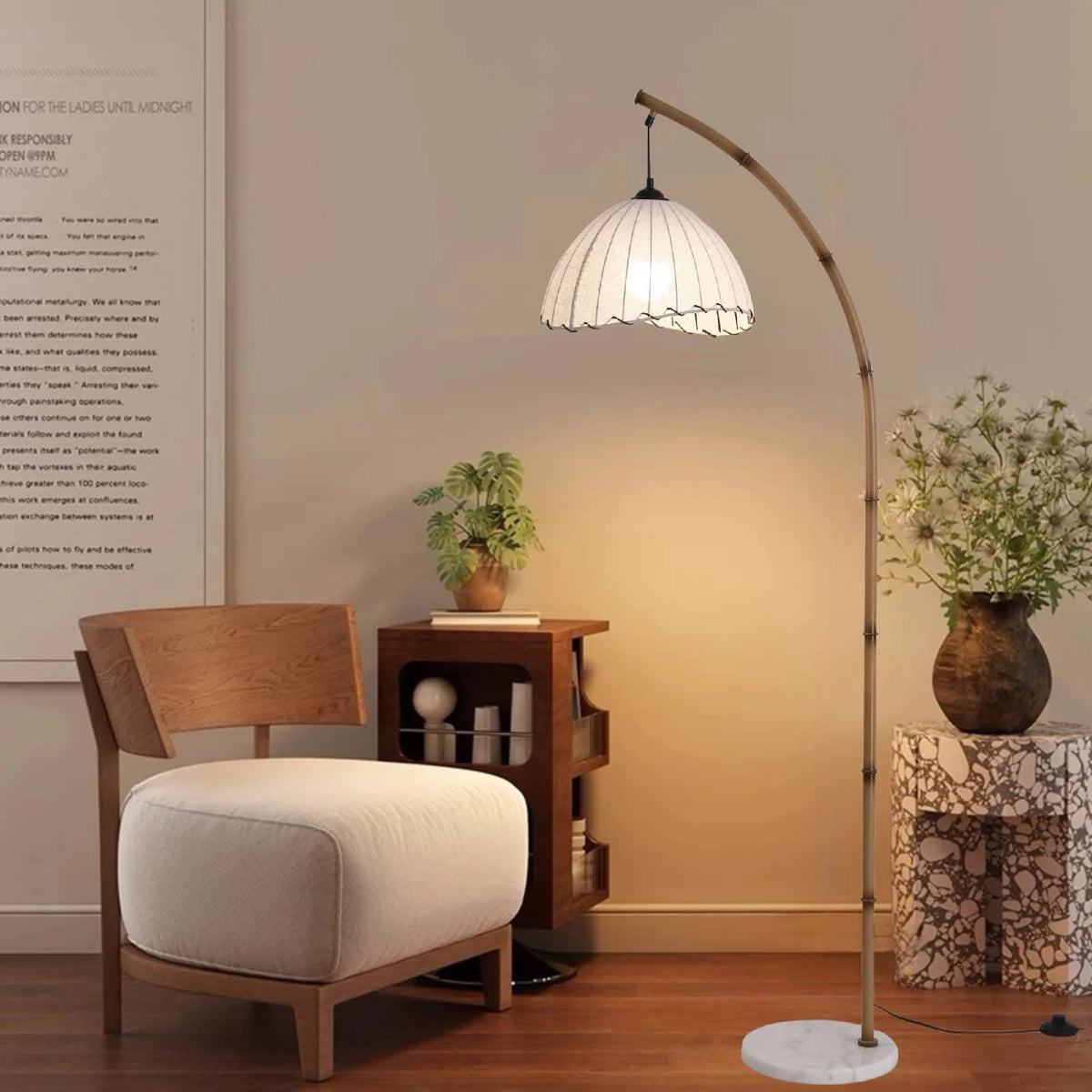 Bamboo arc floor lamp over a lounge chair