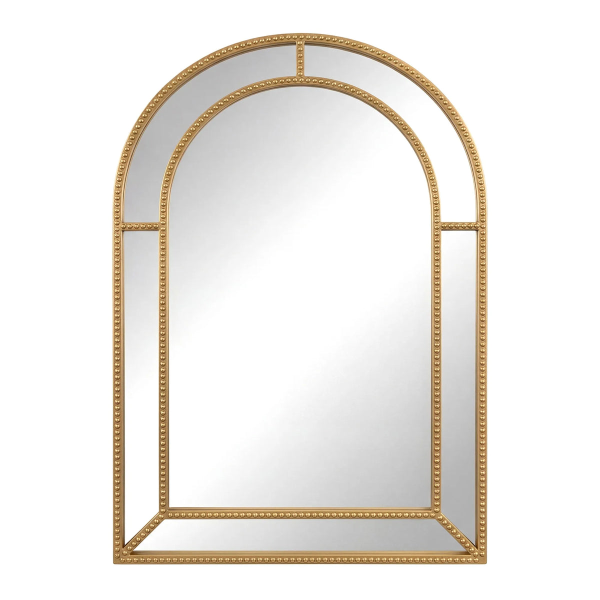 Gold beaded arched wall mirror with a metal frame