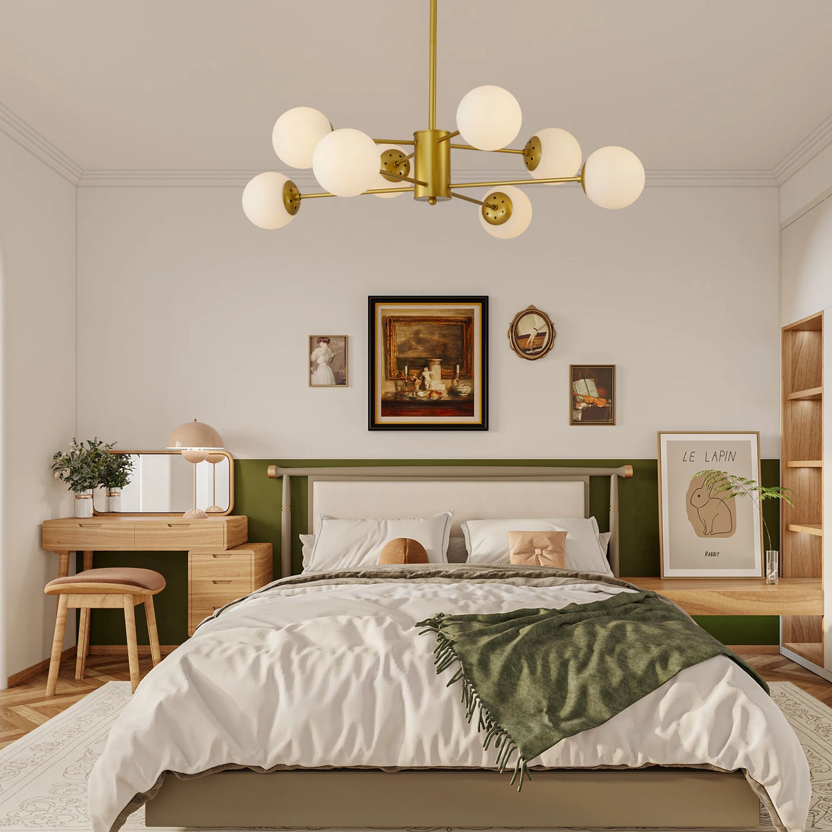 Gold sputnik chandelier with white globes in a bedroom