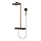 Rose gold thermostatic rainfall shower column with round rain head, handheld shower and control shelf