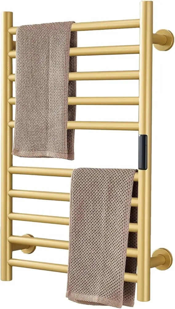 Gold heated towel warmer, 10-bar ladder rack with wall brackets and towels, alternate view