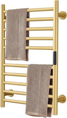Gold heated towel warmer, 10-bar ladder rack with wall brackets and towels, alternate view