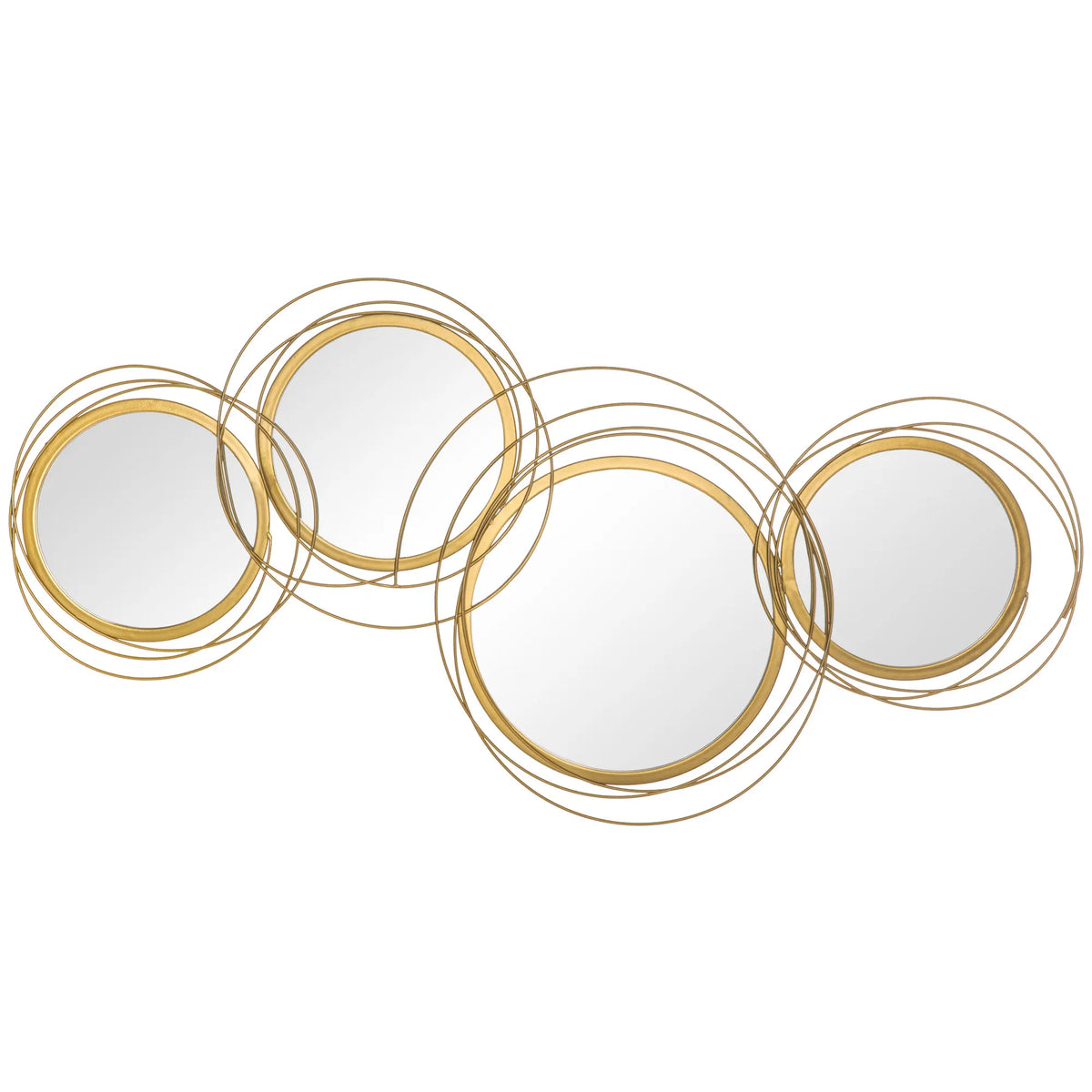 Gold ring wall mirror with four round mirrors and overlapping gold-finish metal rings