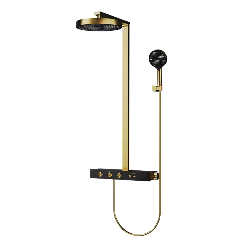 Gold thermostatic rainfall shower column with round rain head, handheld shower and black control shelf