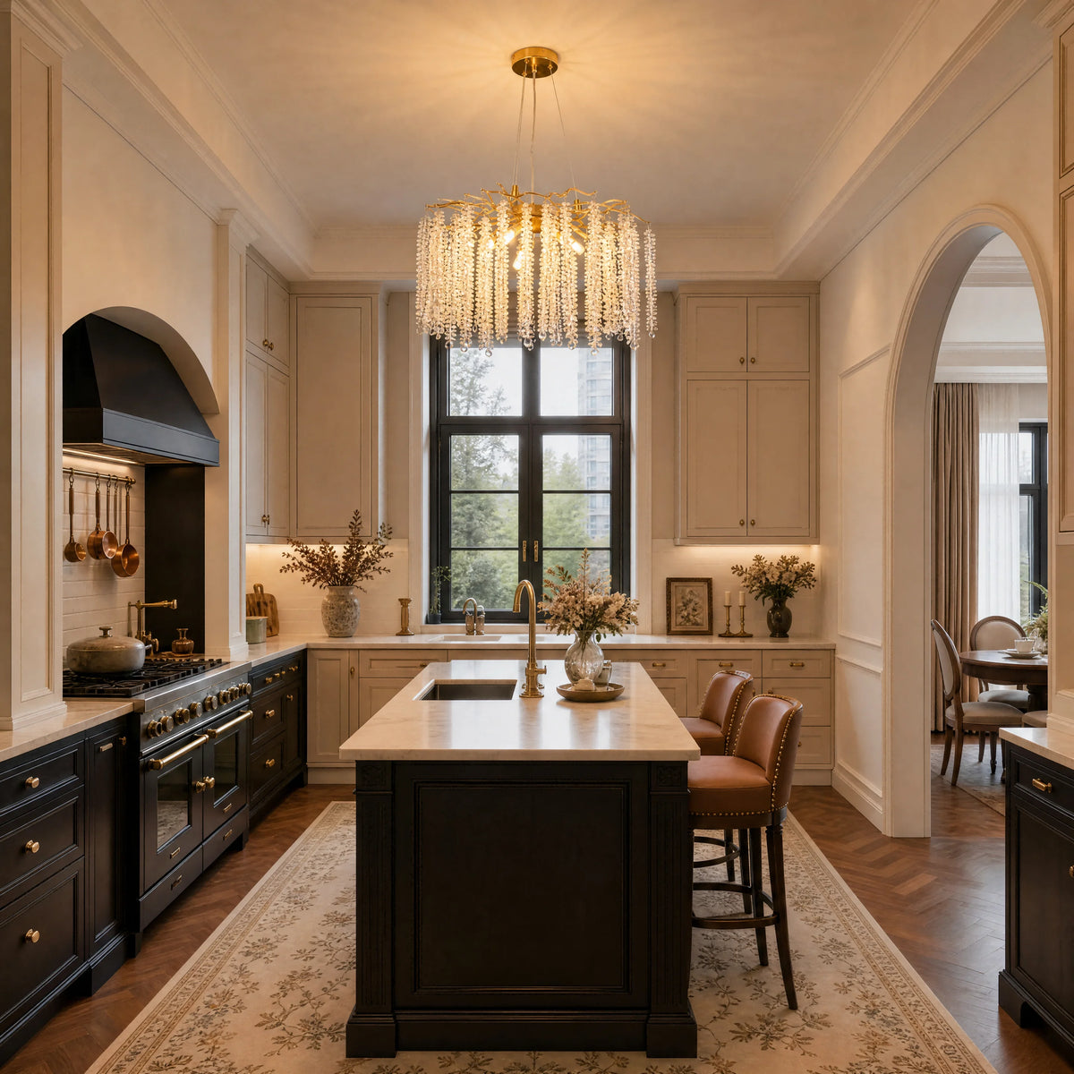 Gold raindrop K9 crystal chandelier centered over a dark kitchen island and runner