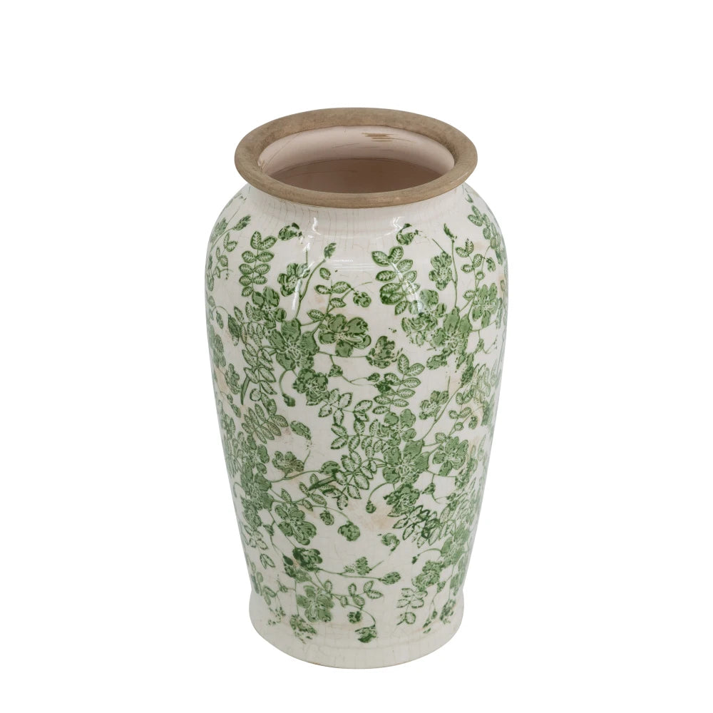 White ceramic vase with green floral pattern