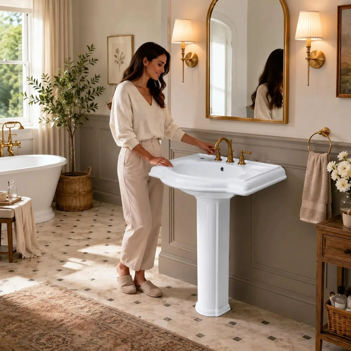 White ceramic pedestal sink in a bright bathroom