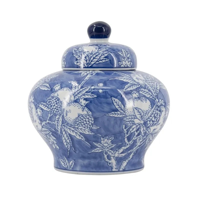 Blue and white porcelain lidded jar on a white background
