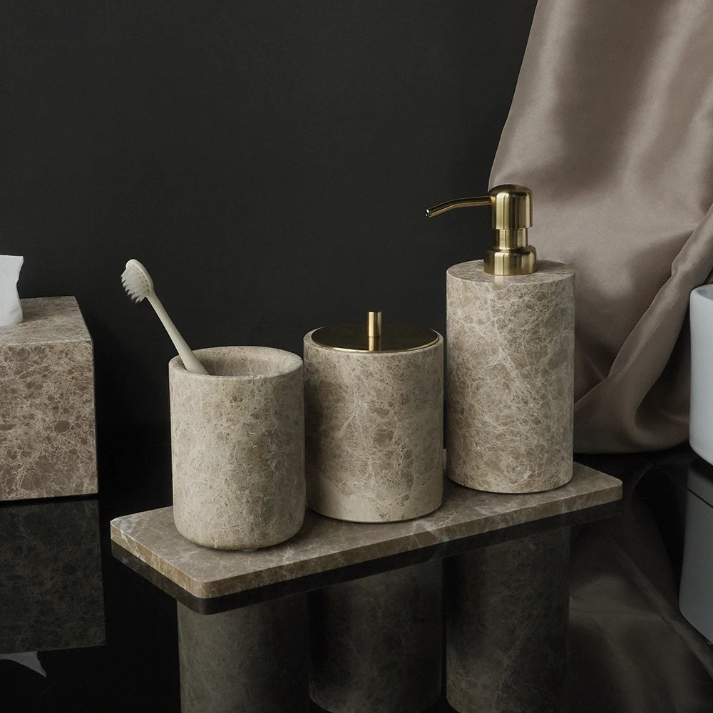 Emperador marble toothbrush holder, gold-lid canister and dispenser on a rectangular tray