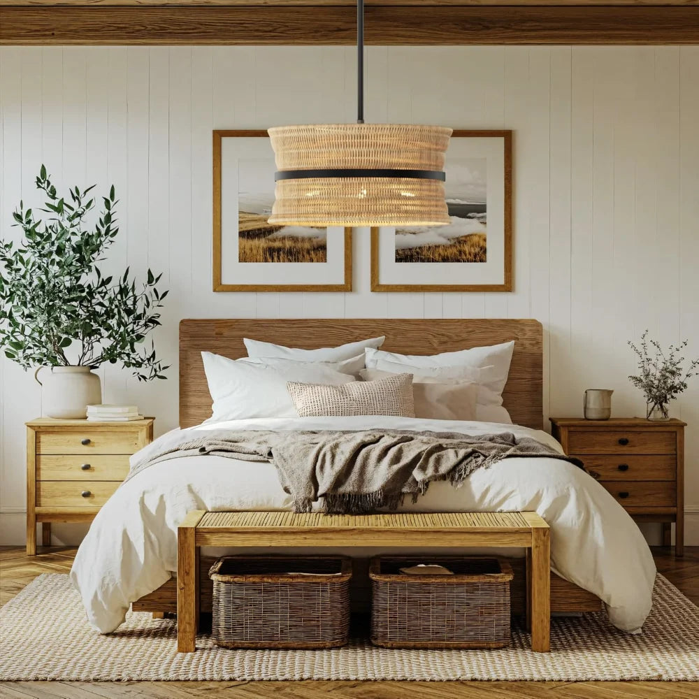 Natural rattan four-light drum pendant with a dark center band in a bedroom