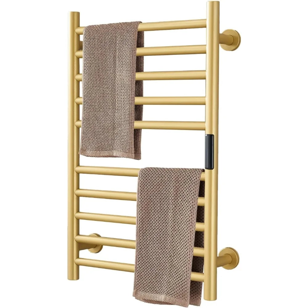 Gold wall-mount heated towel warmer with 10 bars, two towels draped over the rails