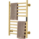 Gold wall-mount heated towel warmer with 10 bars, two towels draped over the rails
