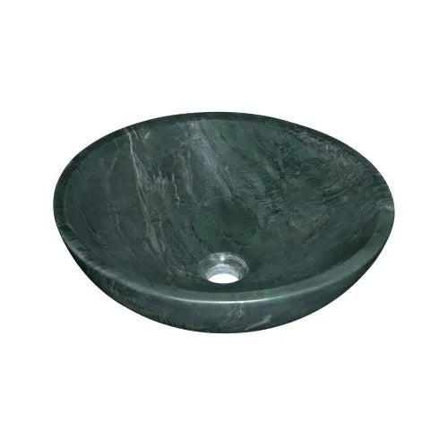 Angled view of the green natural marble vessel sink showing veining and rounded rim