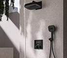 Black concealed 3-function rainfall shower set with handheld shower and digital mixer panel