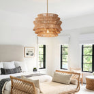 Hand-woven pendant light in a bright room
