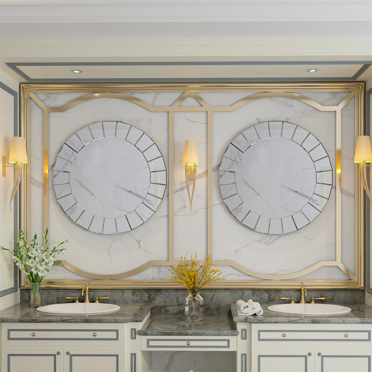 Two Venetian-style round mirrors above a double marble vanity with gold sconces