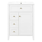 White 24 in bathroom vanity with gold hardware and ceramic sink