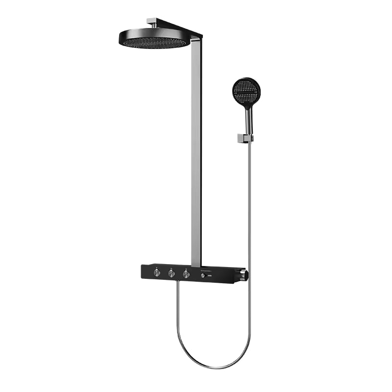 Grey thermostatic rainfall shower column with round rain head, handheld shower and control shelf