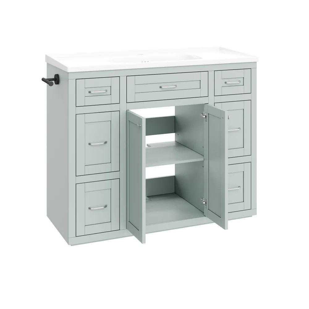 Mint green vanity with doors open showing shelf storage