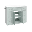 Mint green vanity with doors open showing shelf storage