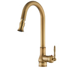 Antique brass single-hole pull-out kitchen faucet with high arc spout and side lever