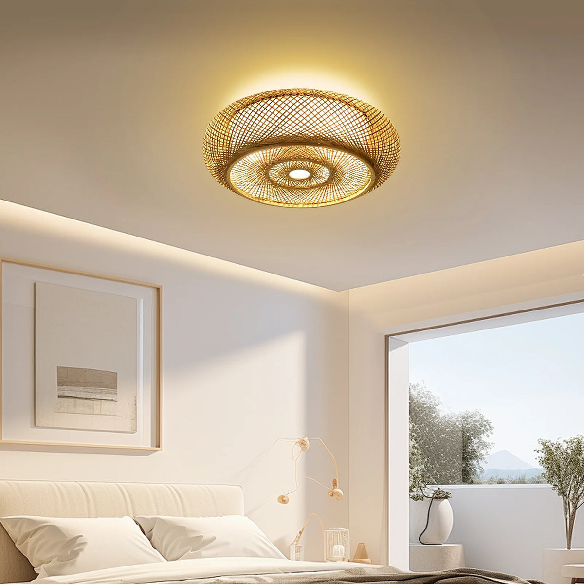 Woven bamboo ceiling light in a bright bedroom