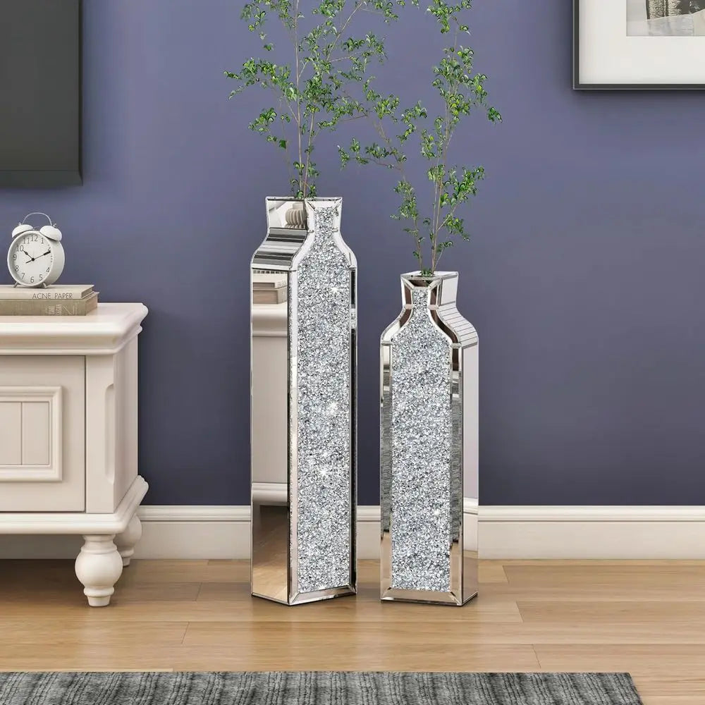 Mirrored crushed-crystal floor vases, set of two, in a living room
