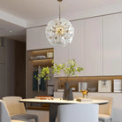 Hand-Blown White Glass Flower Chandelier, 24 in, over a white kitchen dining nook