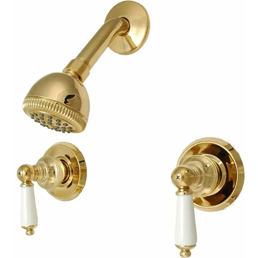 Polished brass shower faucet set with shower head and two white porcelain levers