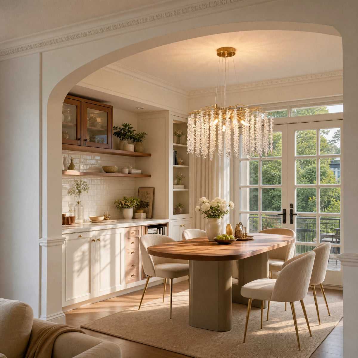 Raindrop crystal gold branch chandelier above a round dining table under an archway