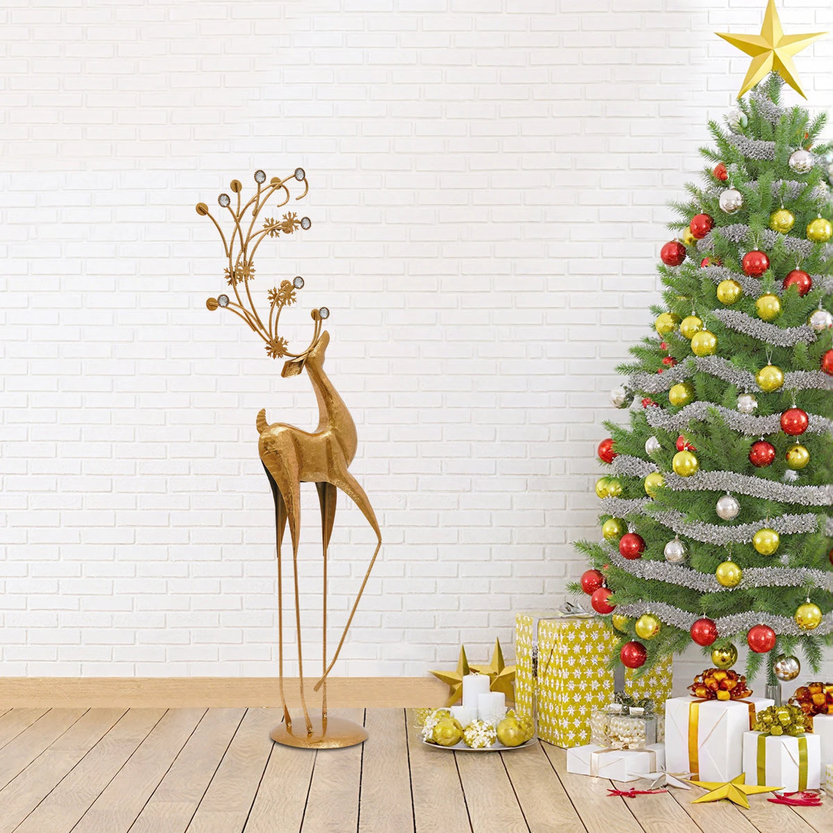 Gold metal deer sculpture with faux-crystal antlers (beside a Christmas tree)