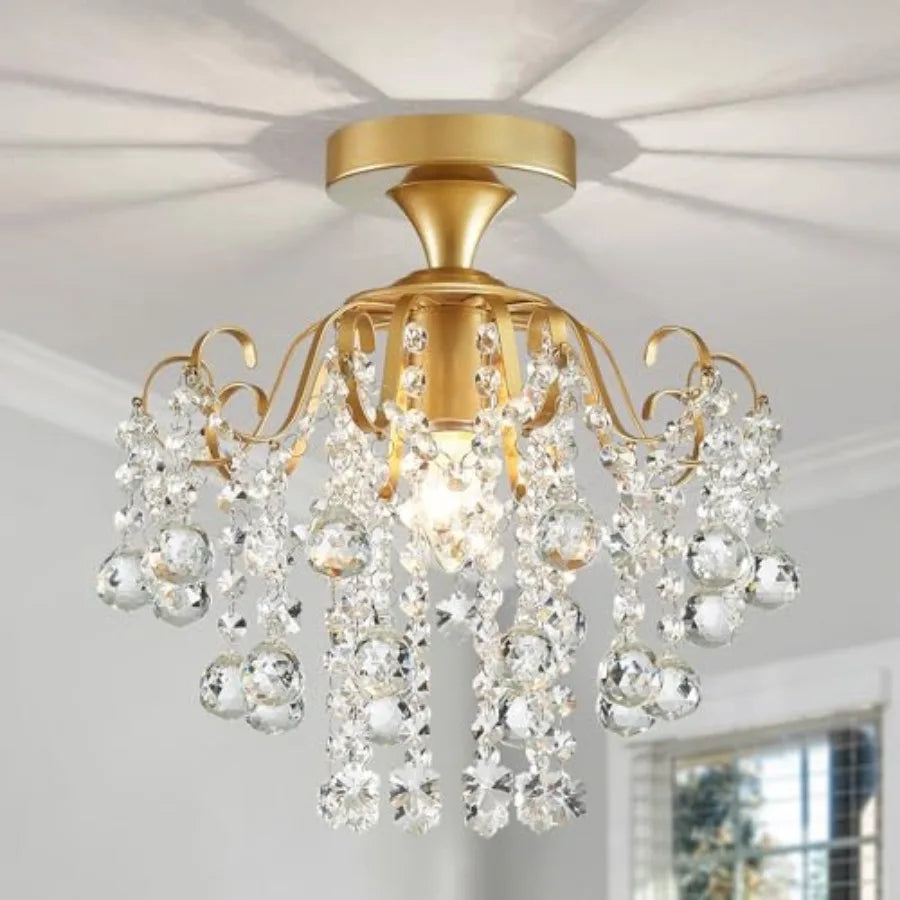 Gold crystal flush mount ceiling light with cascading crystal drops
