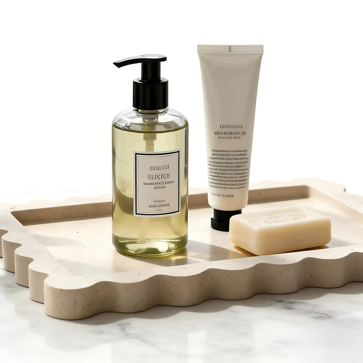 Scalloped natural travertine vanity tray holding soap and lotion