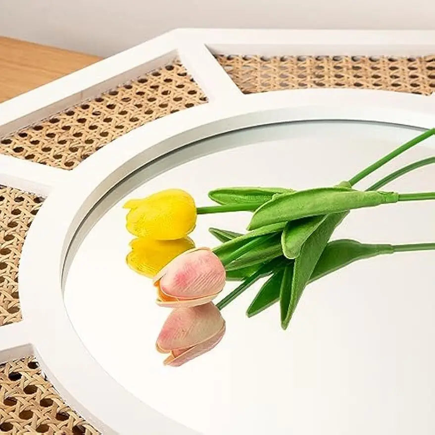 Octagonal Woven Rattan Mirror with White Frame, 24 in, close-up of the woven rattan and white frame