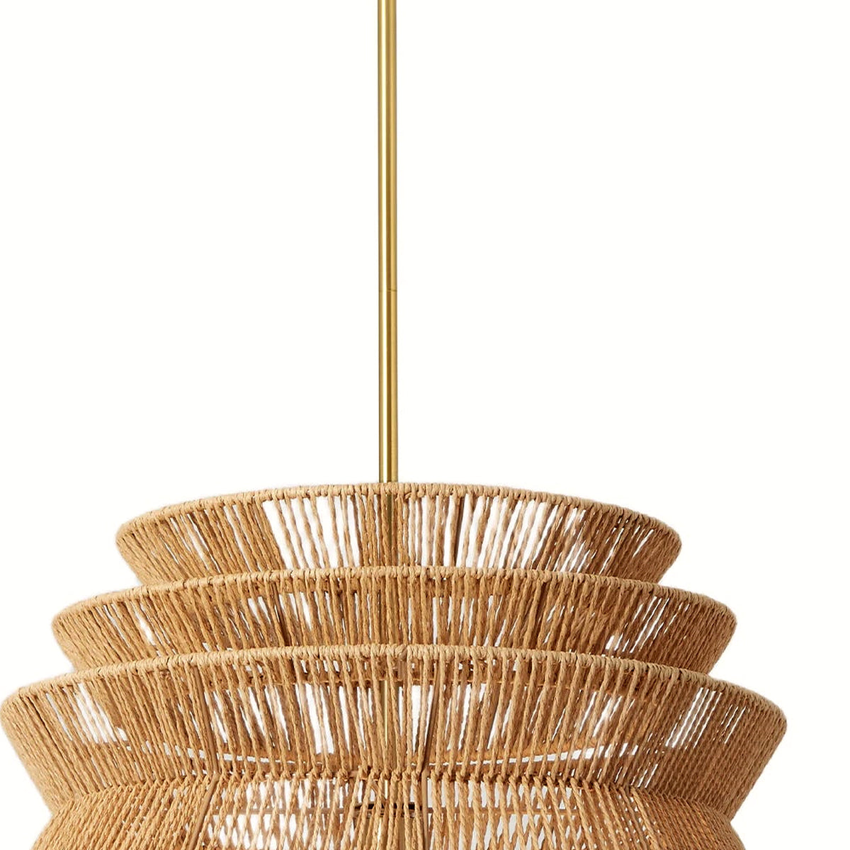 Close-up of the three concentric hand-woven tiers of the pendant light