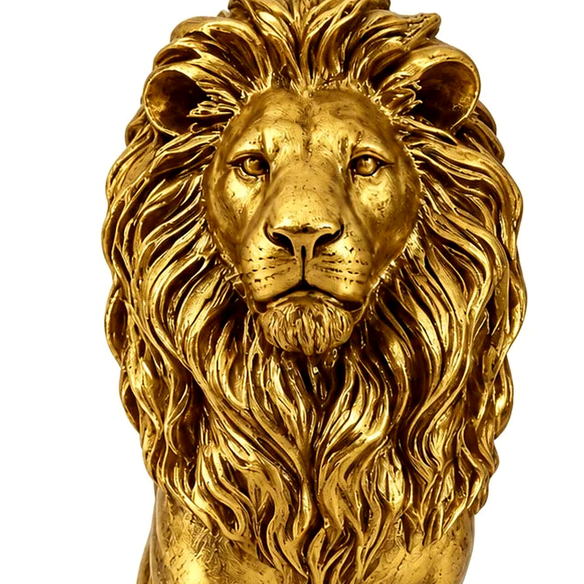 Close-up of the gold lion's face and dense mane