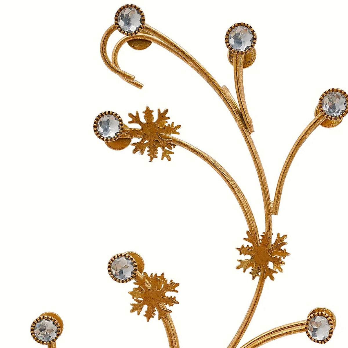 Close-up of the gold antlers with faux crystal accents and snowflake charms